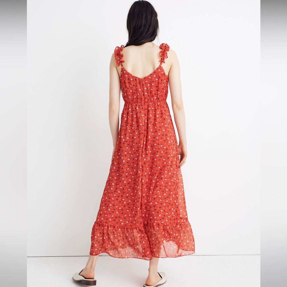 Madewell Ruffle-Strap Wrap Dress Metallic Striped Prairie Posies Red - Picture 11 of 14